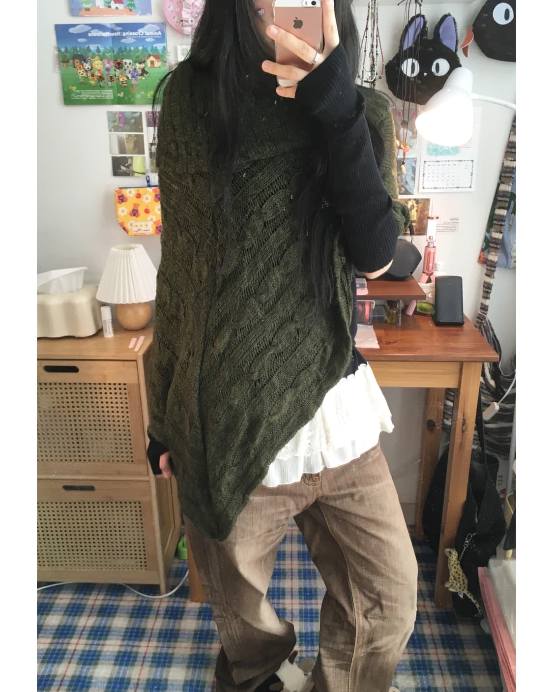 vintage cable knit turtleneck cape khaki 상품이미지3