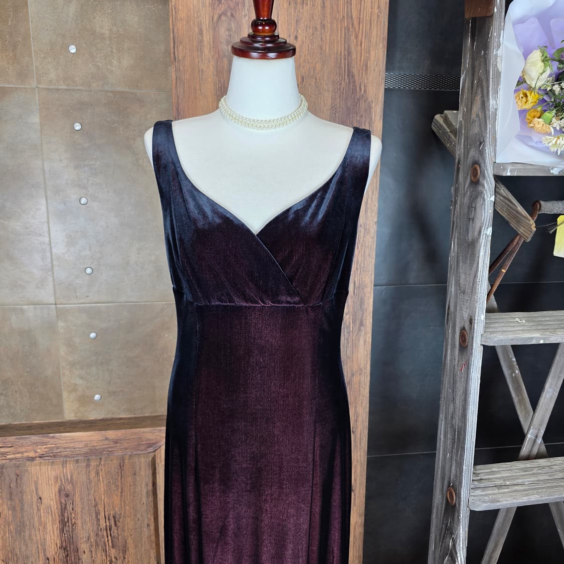 버건디 벨벳 롱 드레스 상품이미지2