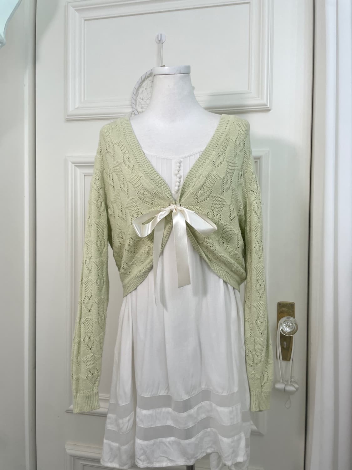 pastel green heart crochet bolero cardig 상품이미지1