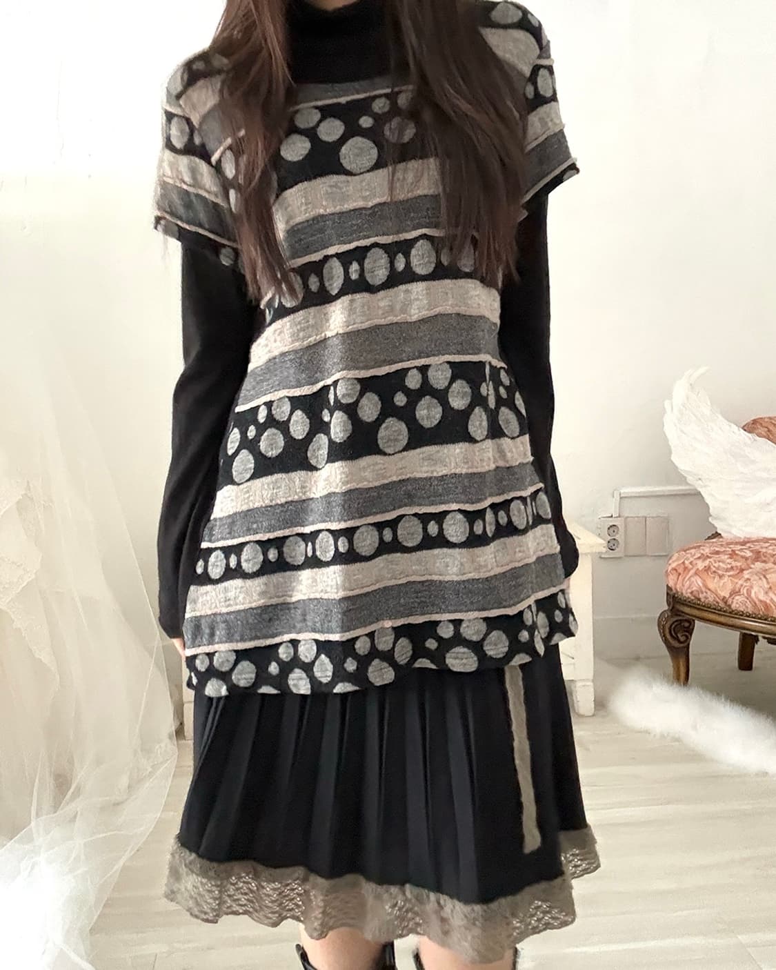 Dot stripe layered knit top 상품이미지9