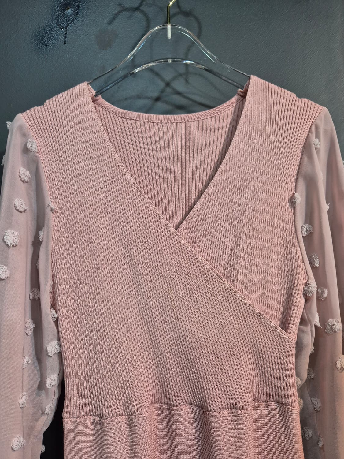 핑크 니트 롱 원피스 시스루 도트 소매 S 상품이미지3