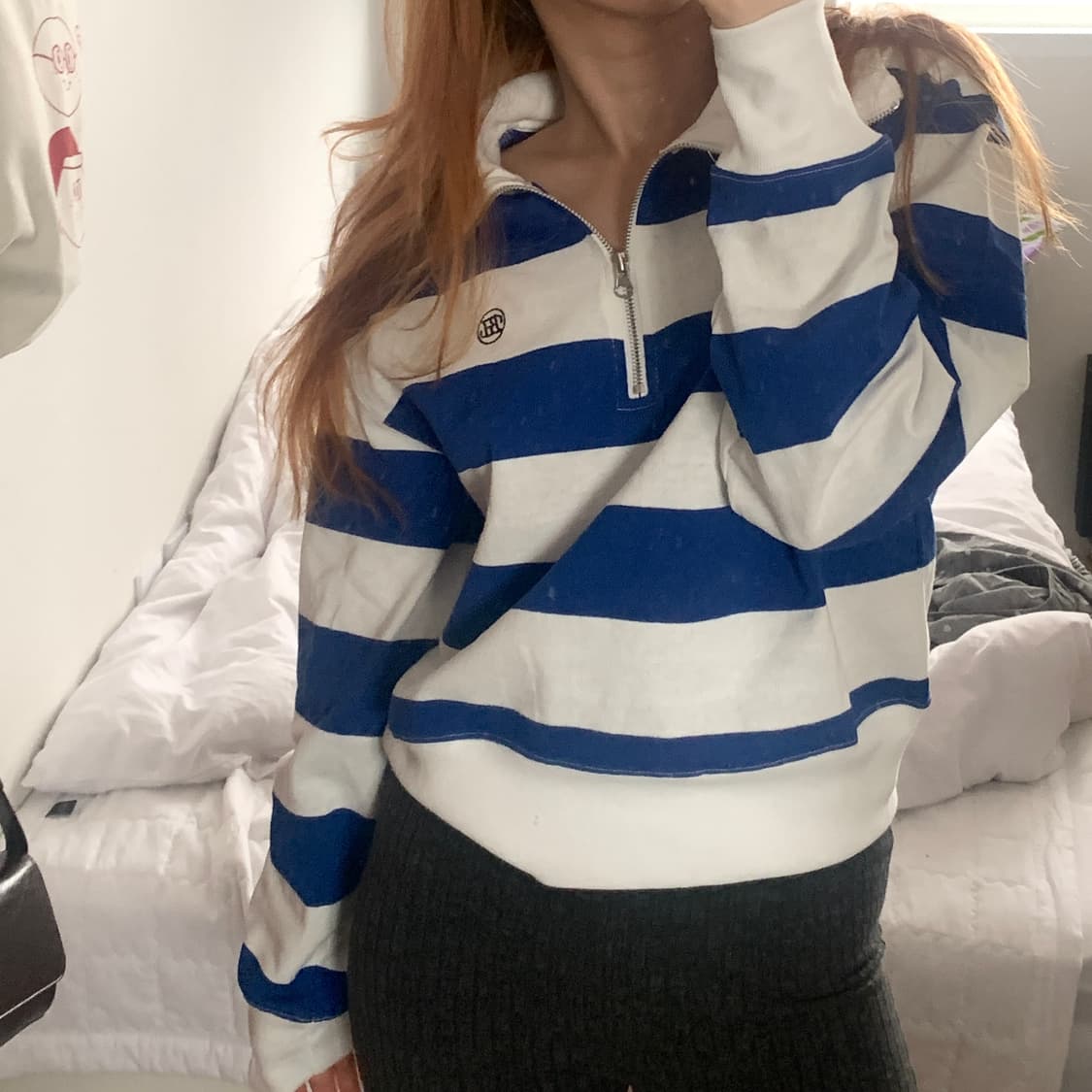 벤시몽 럭비티 스트라이프 크롭 하프 집업 블루 상품이미지5