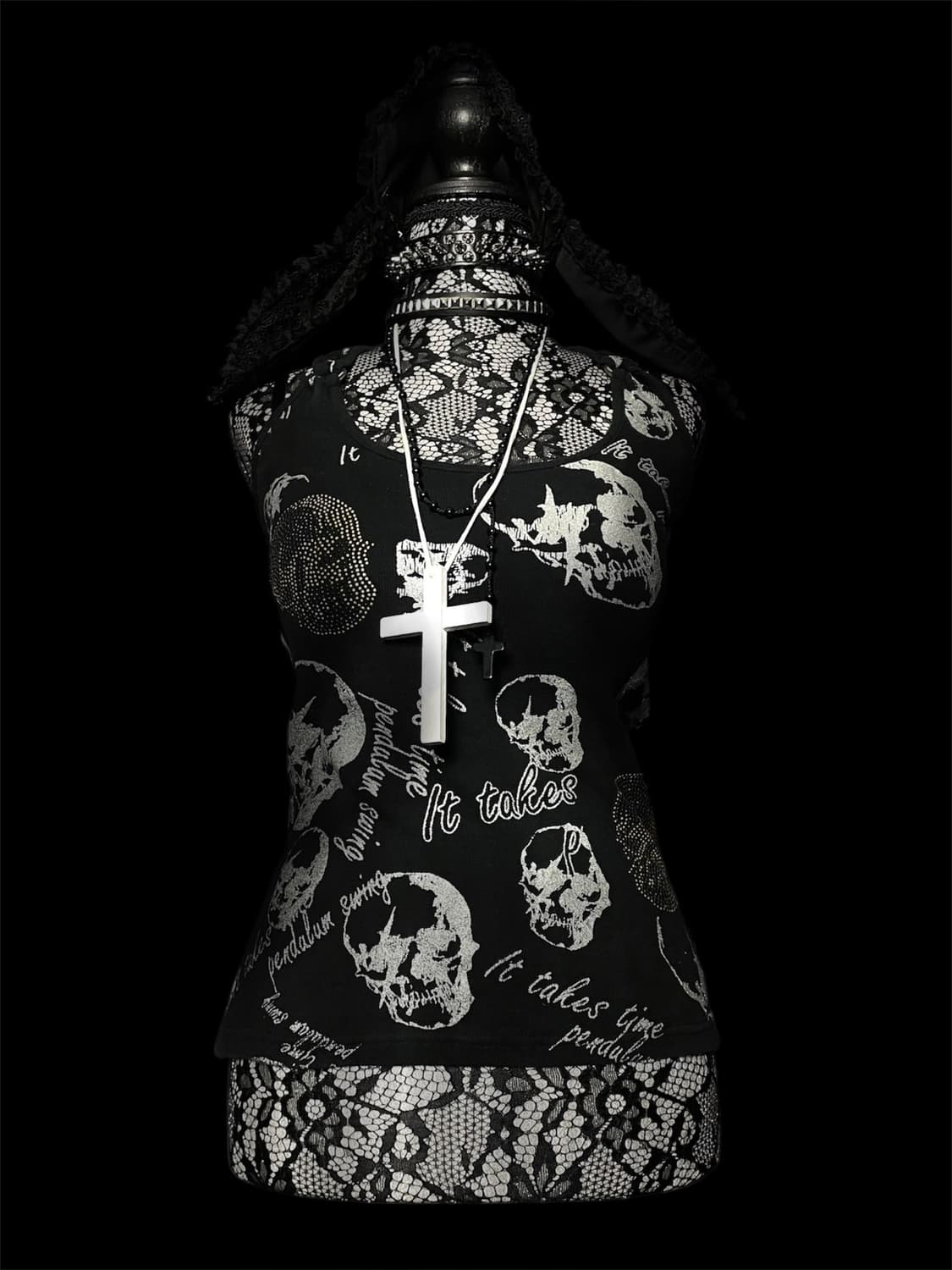 JPN 펑크 스컬 해골 큐빅 프린팅 핫픽스 블랙 슬리브리스 나시 상품이미지1