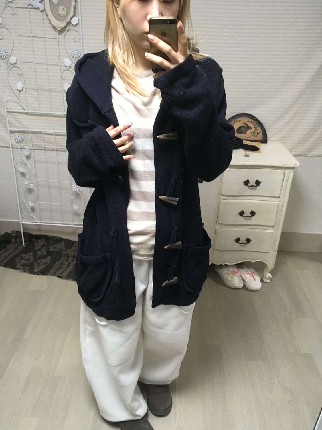 jpn vintage gap 네이비 더플 후드 와플 가디건 상품이미지4