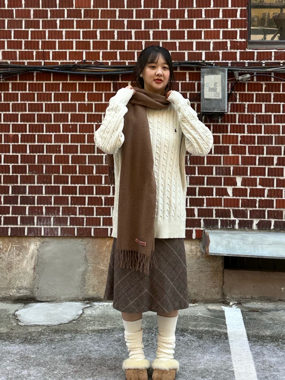 킨록앤더슨 자켓 폴로 케이블 니트 체크 미디 스커트 코디세트 상품이미지4