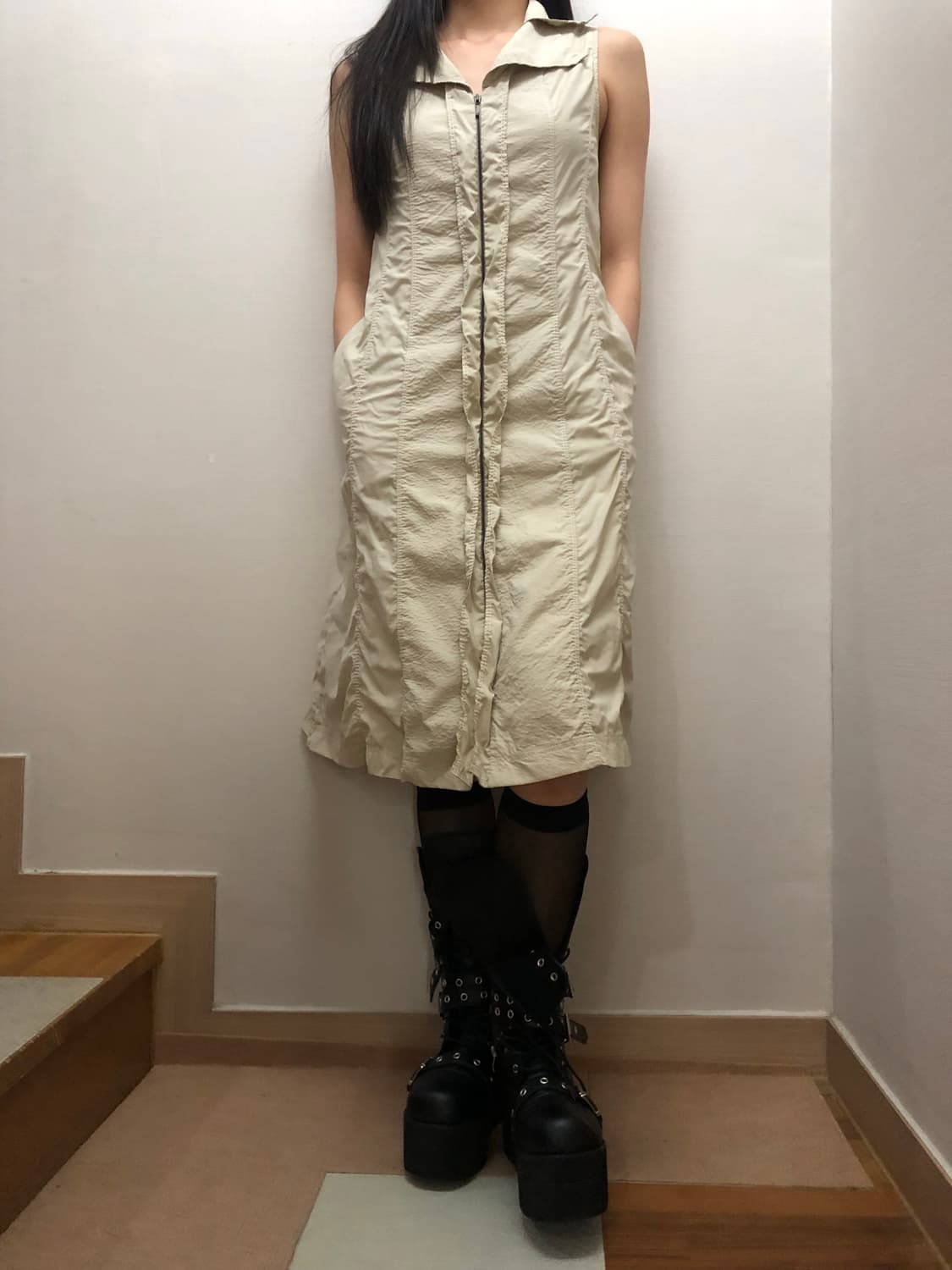 빈티지 베이지 셔링 롱 원피스 상품이미지2