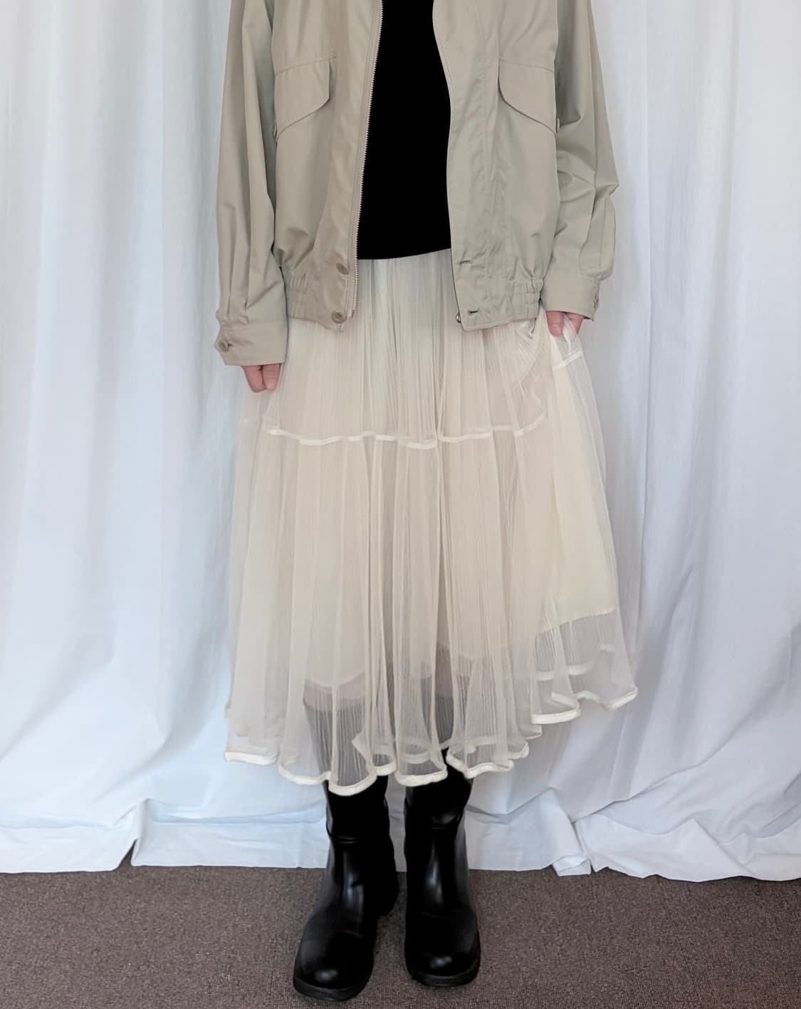 Stripe Sheer Layered Long Skirt - Ivory 상품이미지1