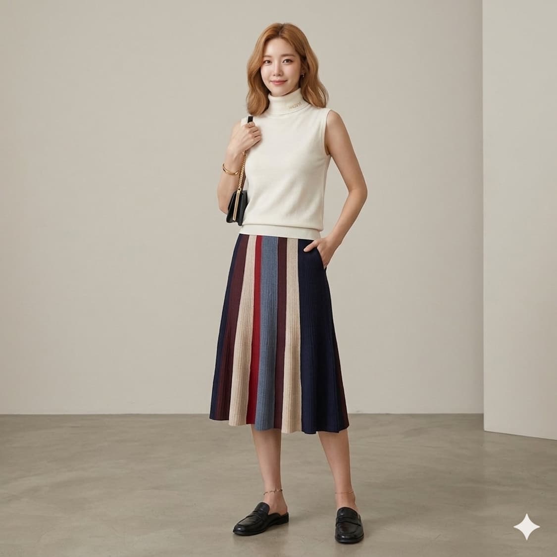 🌸가격인하 | 헤지스 니트 플리츠 미디 스커트 55-66 | 배색 스트 상품이미지1