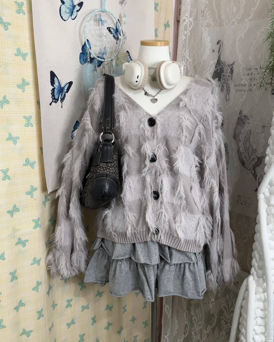 그레이 퍼 체크 브이넥 가디건 상품이미지2