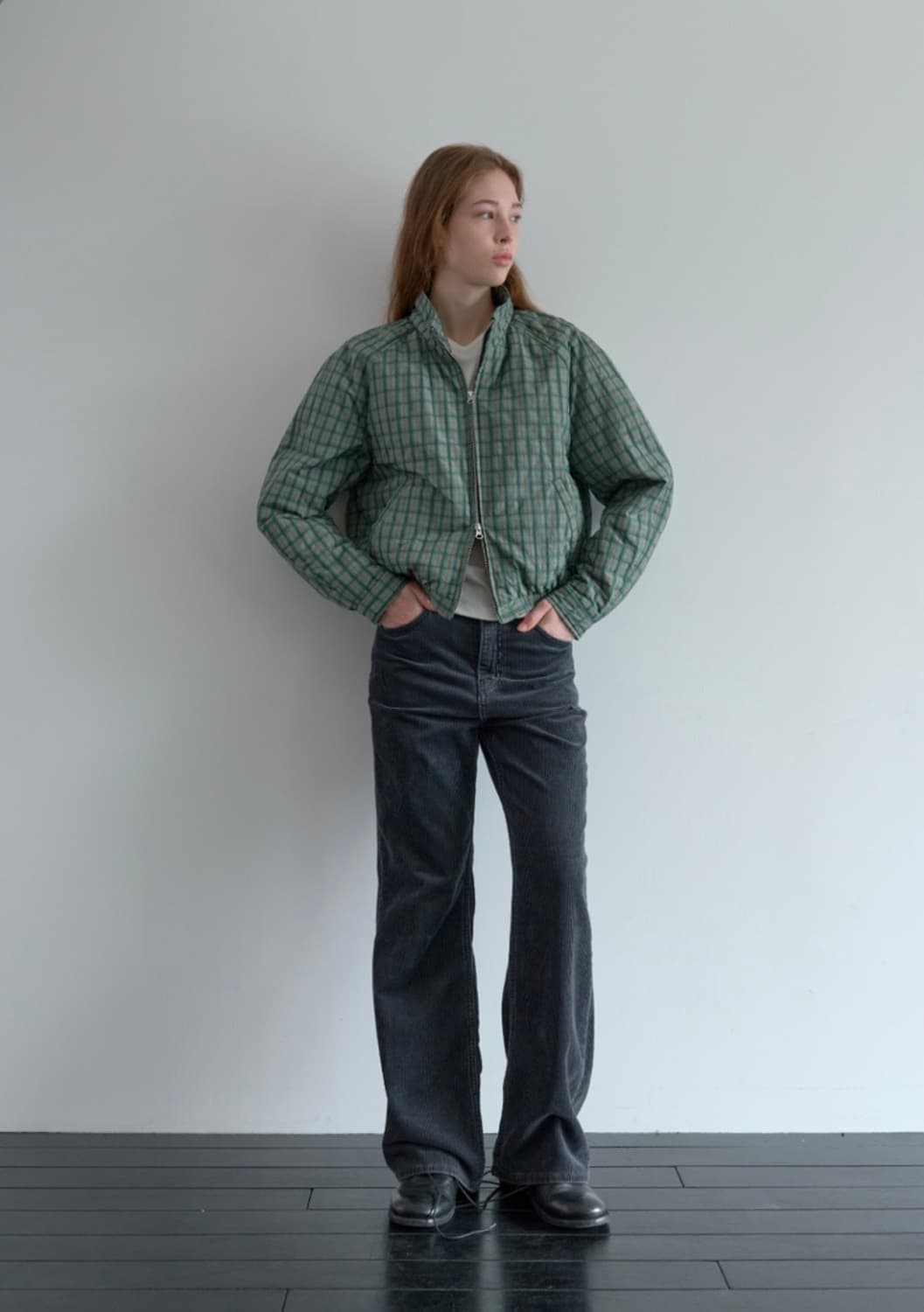 포저 레글런 슬리브 패디드 자켓 그린 체크  상품이미지3