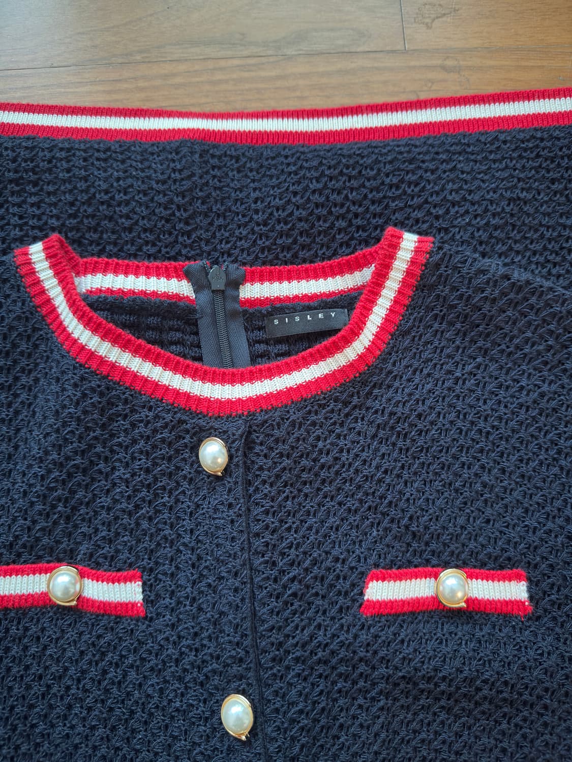시슬리 진주버튼 배색 반팔 니트 원피스 네이비 상품이미지2