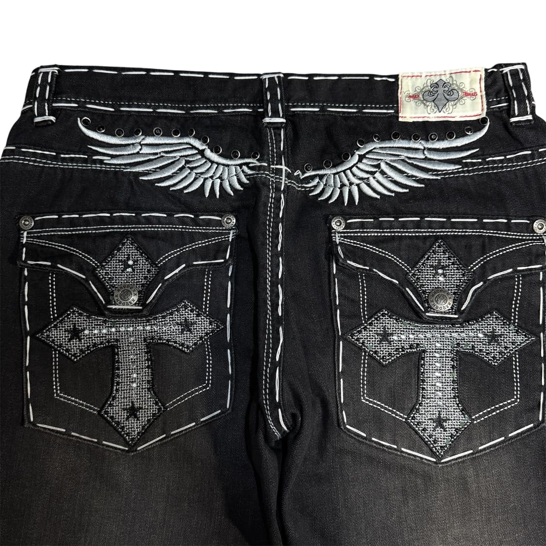 Y2K 락 펑크 윙 트루맛 자수 새깅 흑청 데님팬츠 상품이미지4