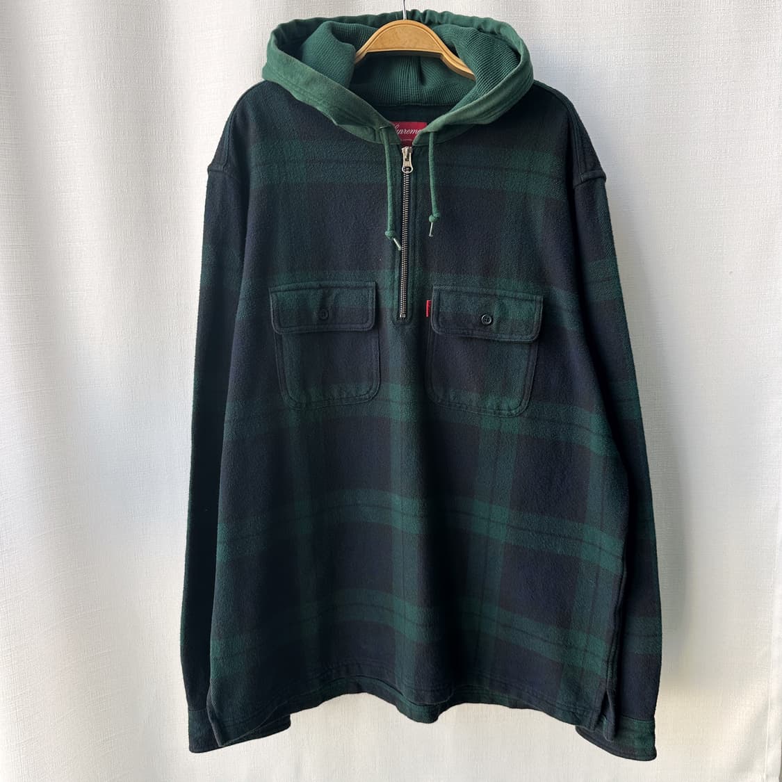 슈프림 16FW 후디드 체크 하프 집업 플란넬 셔츠 네이비 그린 L 상품이미지1