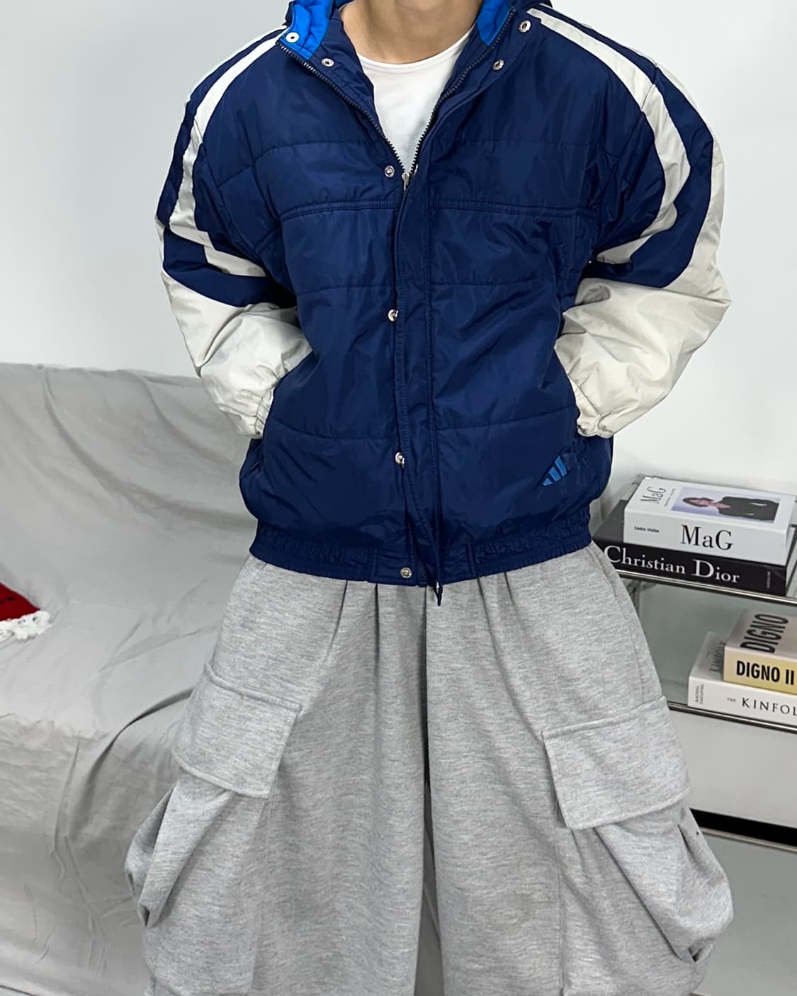 아디다스 90s 블루 배색 누빔 점퍼 XL 상품이미지2