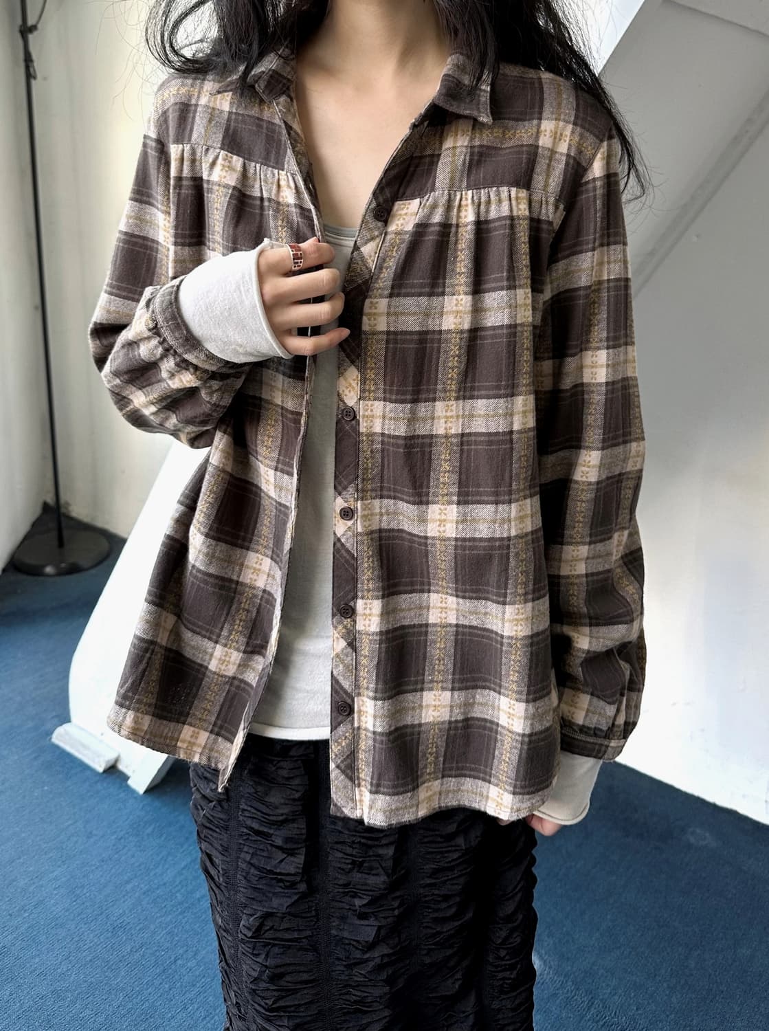 Cotton shirring design nel check blouse  상품이미지7