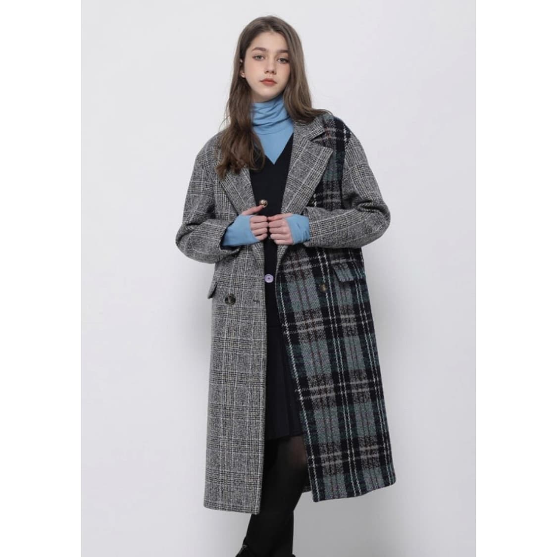 SJYP 체크 믹스 더블 롱 코트 상품이미지1