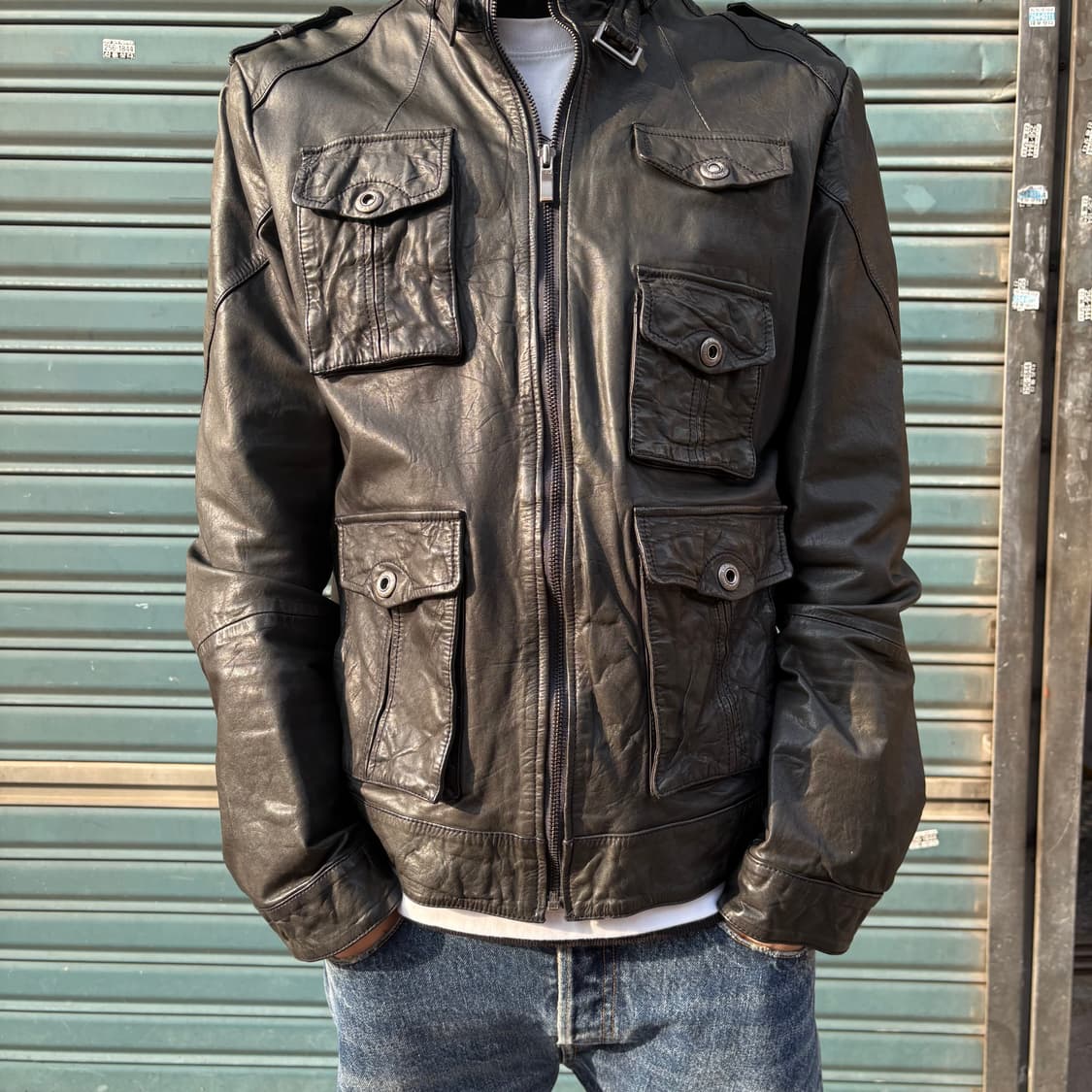 빈티지 다크올리브 카프레더 바이커 자켓 상품이미지5