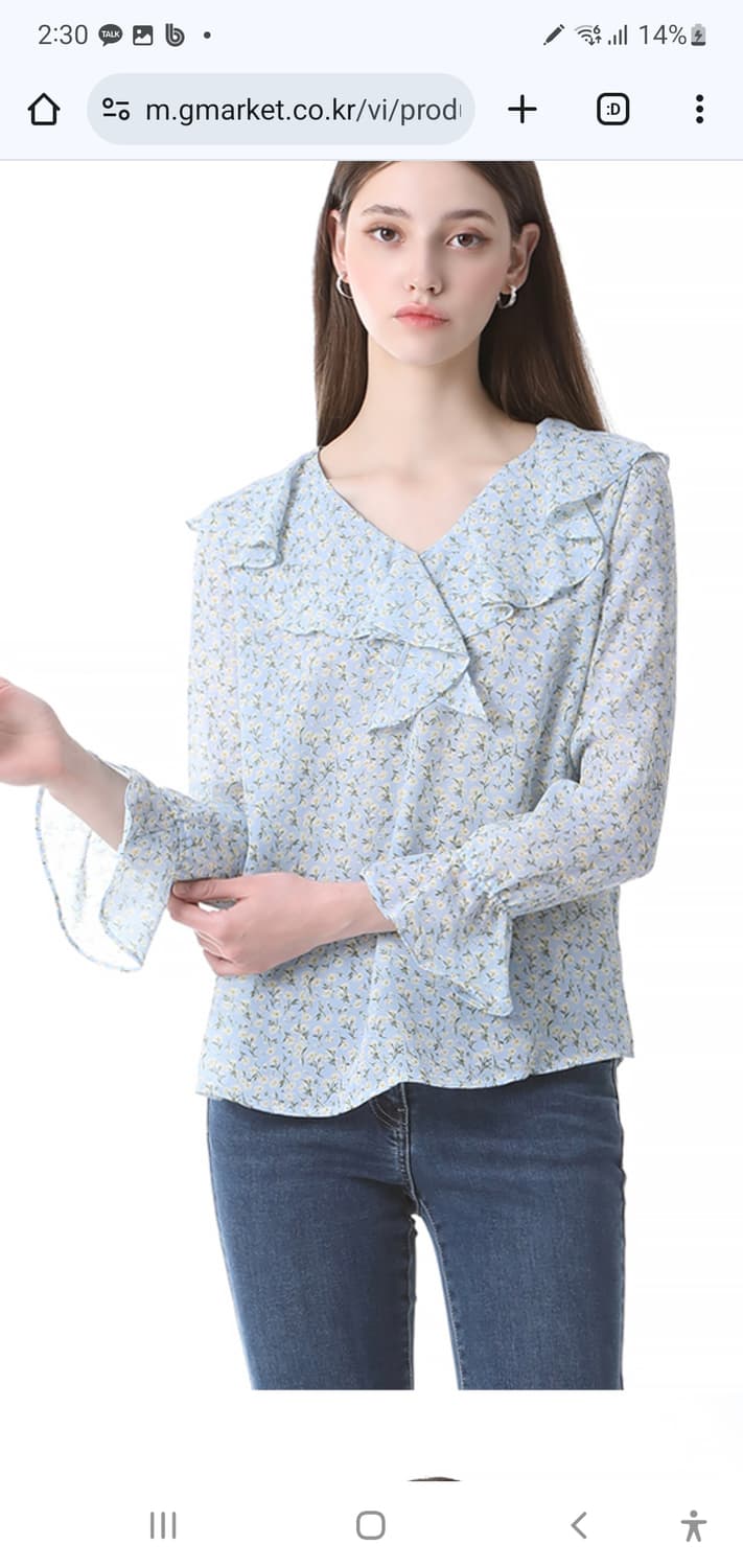 리스트 list 스카이블루 하늘색 러플 프릴 꽃무늬 플라워 블라우스 셔츠 상품이미지1