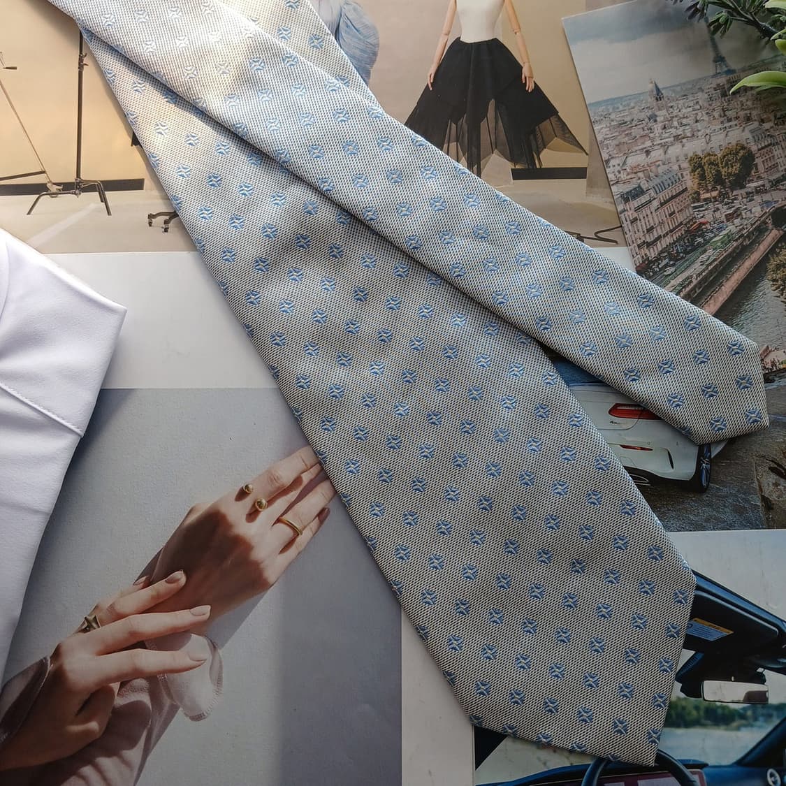 아쿠아스큐텀 실크 베이지&블루 패턴 넥타이 9.5cm A등급 A18643 상품이미지3