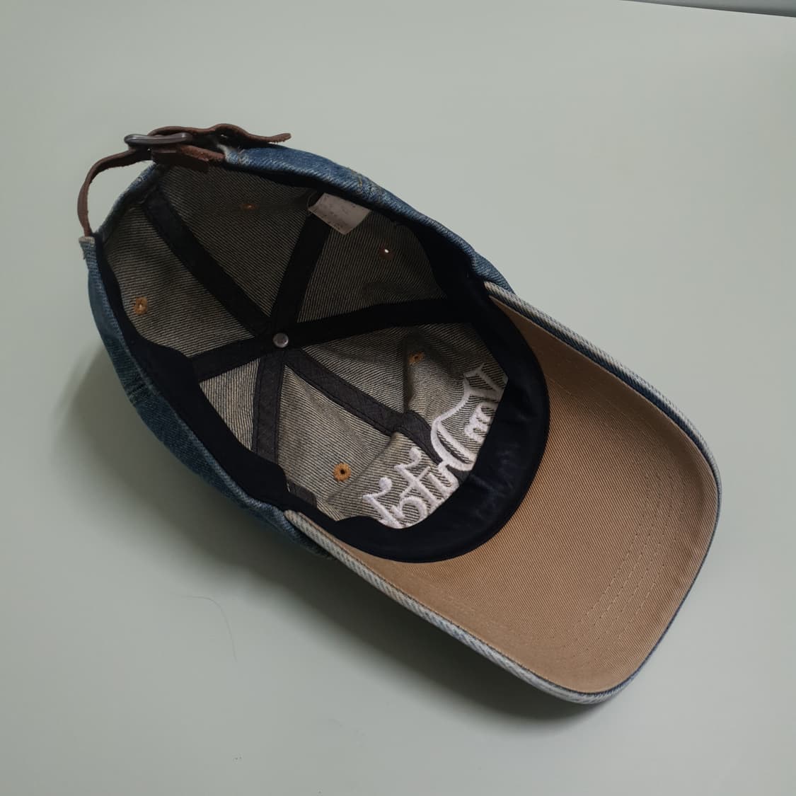 본더치 그런지 데님 중청 워싱 레더 스트랩 볼캡 모자 Y2K 상품이미지6