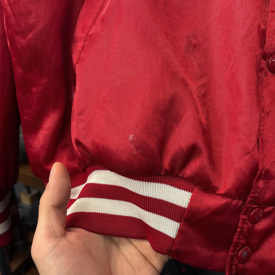 90s VINTAGE 아모코 네이티브 인디언 사틴 바시티자켓 N935 상품이미지5