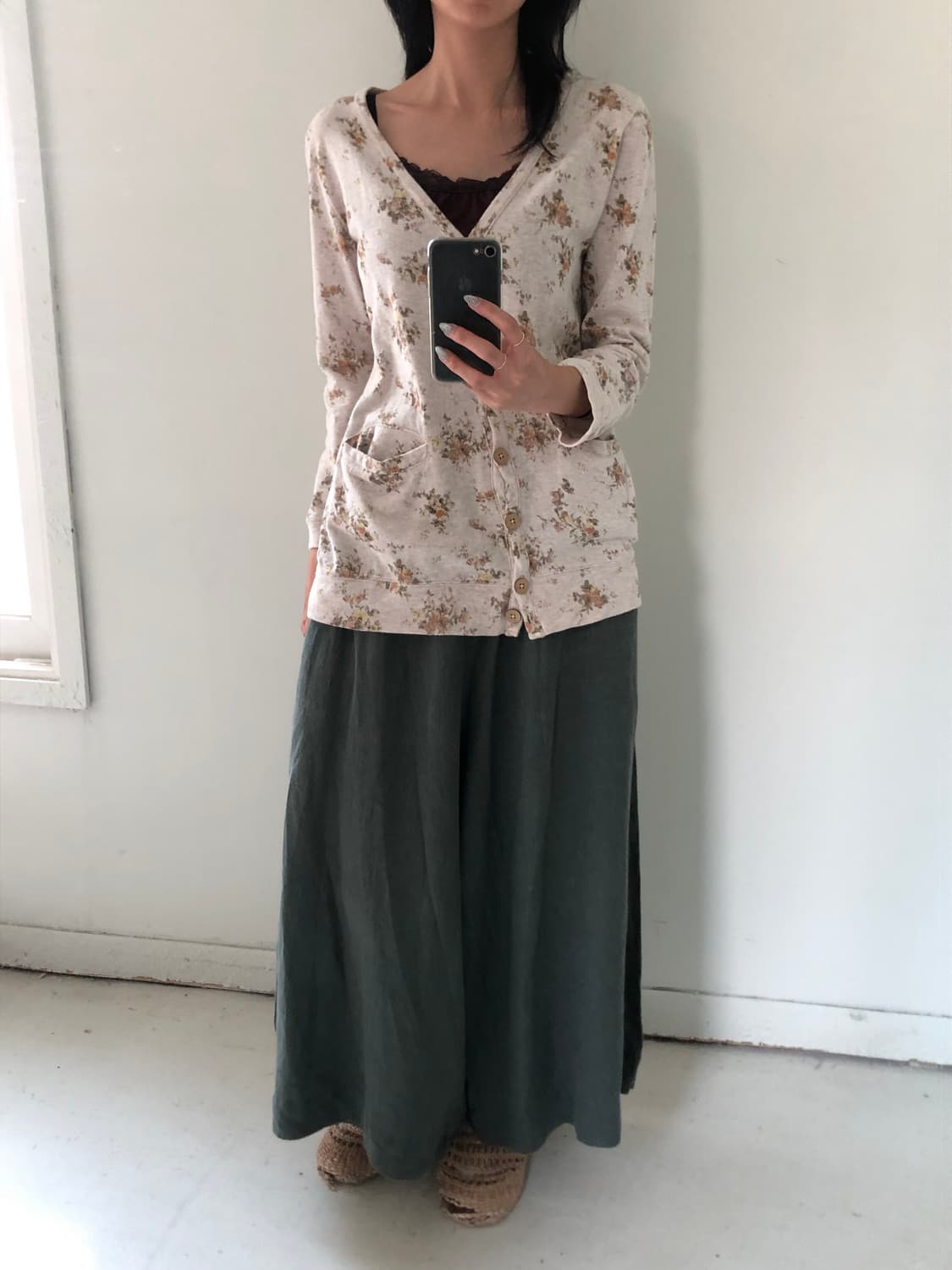 일본빈티지 카키 린넨 팬츠스커트 상품이미지5