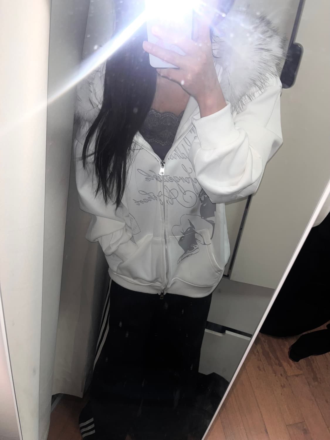 빈티지 레터링 그래픽 화이트 퍼 후드집업 상품이미지6