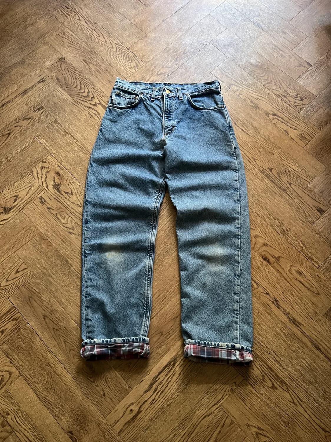 [32]90's 칼하트 유니온메이드 USA 체크 라이닝 워크 데님 팬츠 상품이미지1