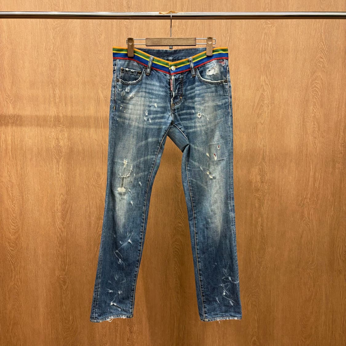 디스퀘어드 2 데님 팬츠 빈티지 디스트로이드 레인보우 밴딩 디테일 블루 상품이미지2