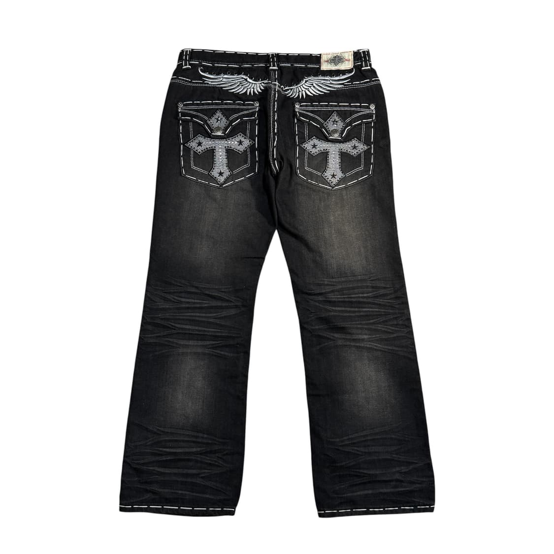 Y2K 락 펑크 윙 트루맛 자수 새깅 흑청 데님팬츠 상품이미지2