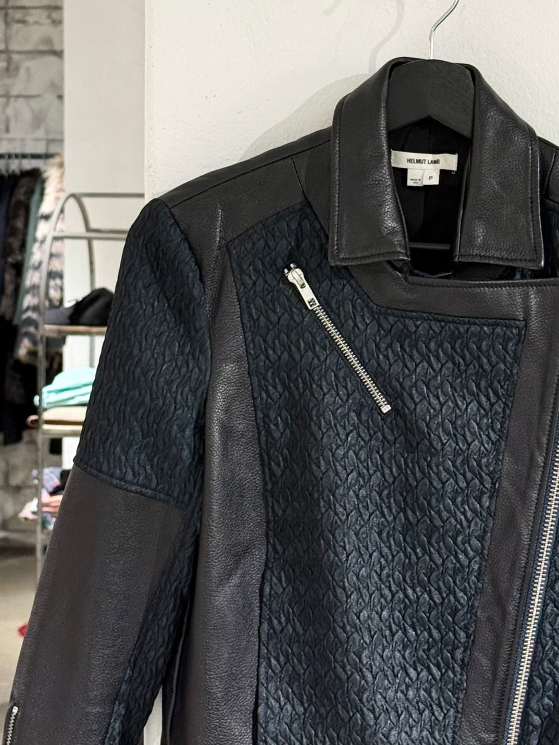 헬무트 랭 블랙 자카드 패널 바이커 레더 자켓 상품이미지2