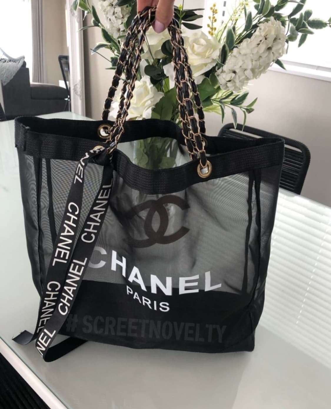 샤넬 뷰티 메쉬 비치백  골드체인 에코백  상품이미지8