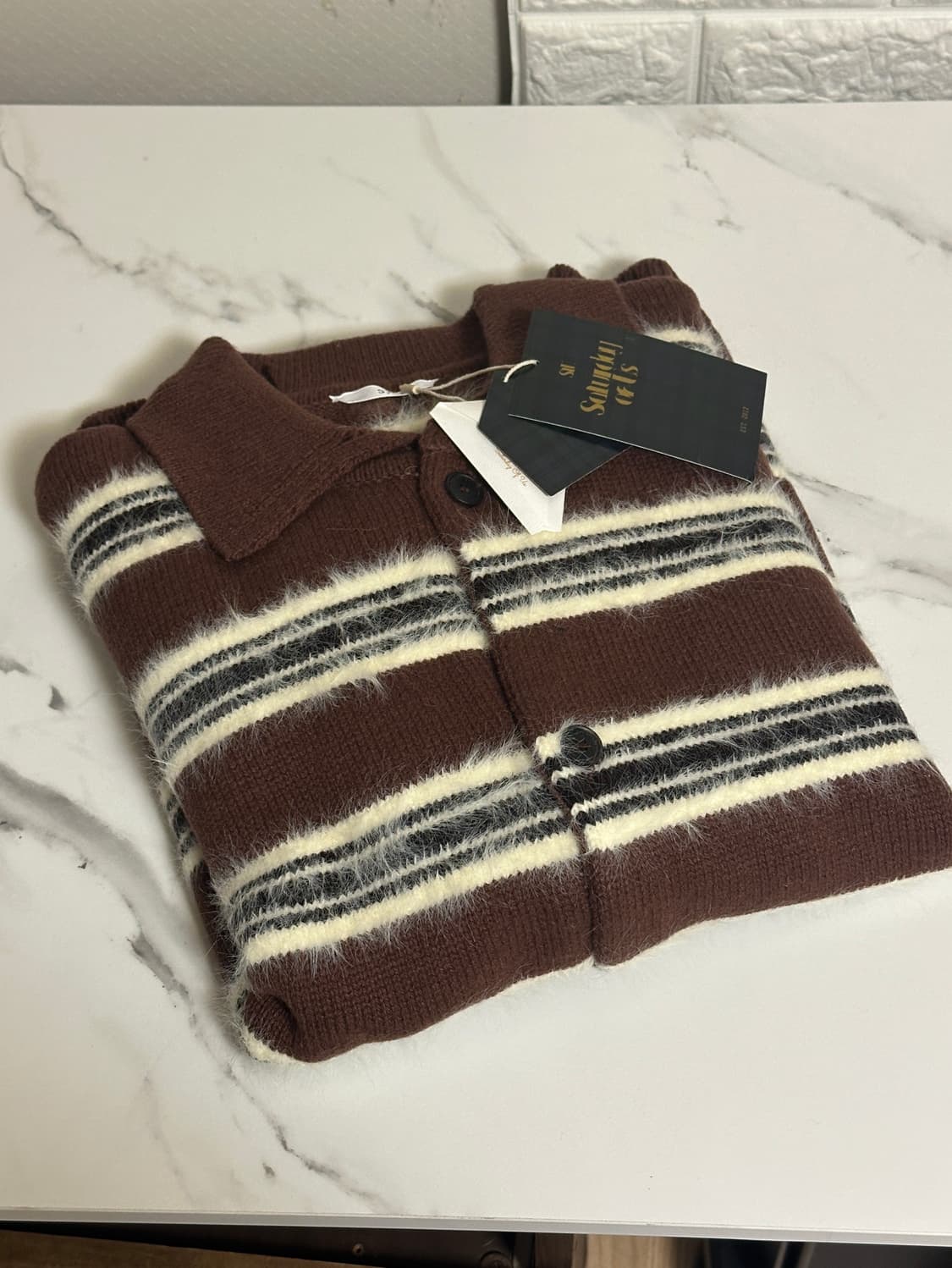 [STU 플러피 스트라이프 가디건 브라운] size L 상품이미지2