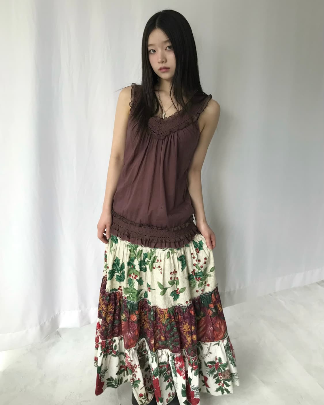 레드 브라운 레이스 슬리브리스  상품이미지3