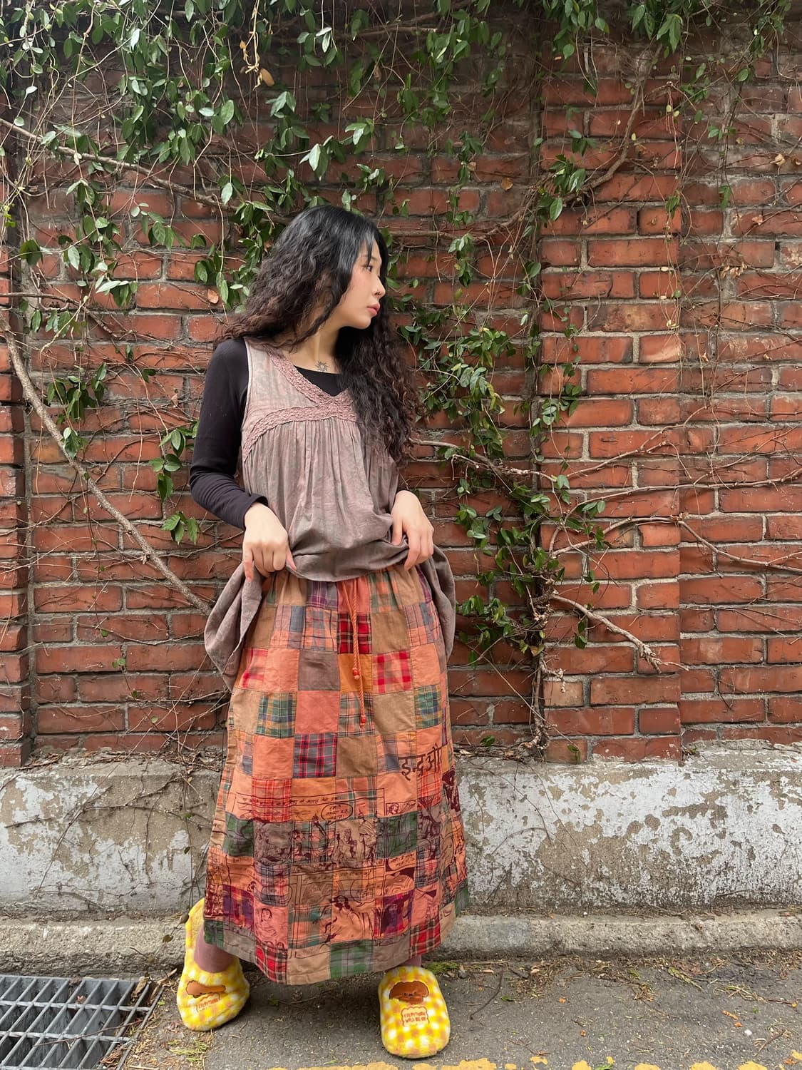 히피 문양 체크 패치 롱스커트 상품이미지3