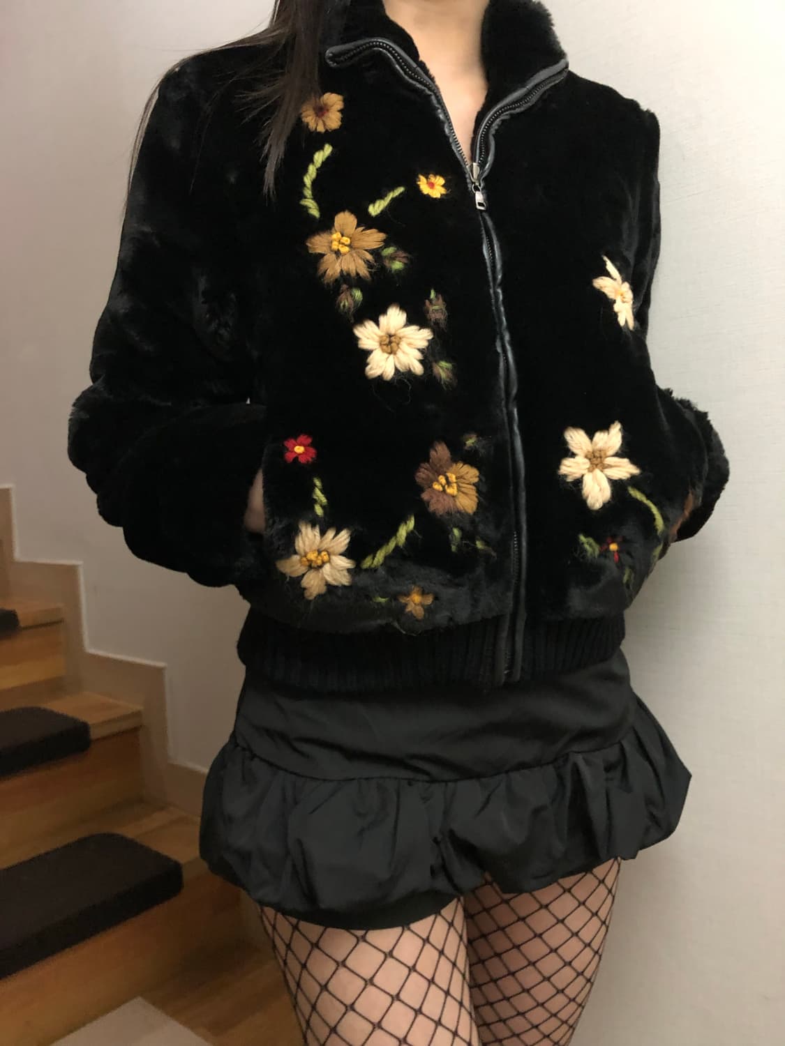 빈티지 ozoc 플라워 자수 에코 퍼 집업 상품이미지8