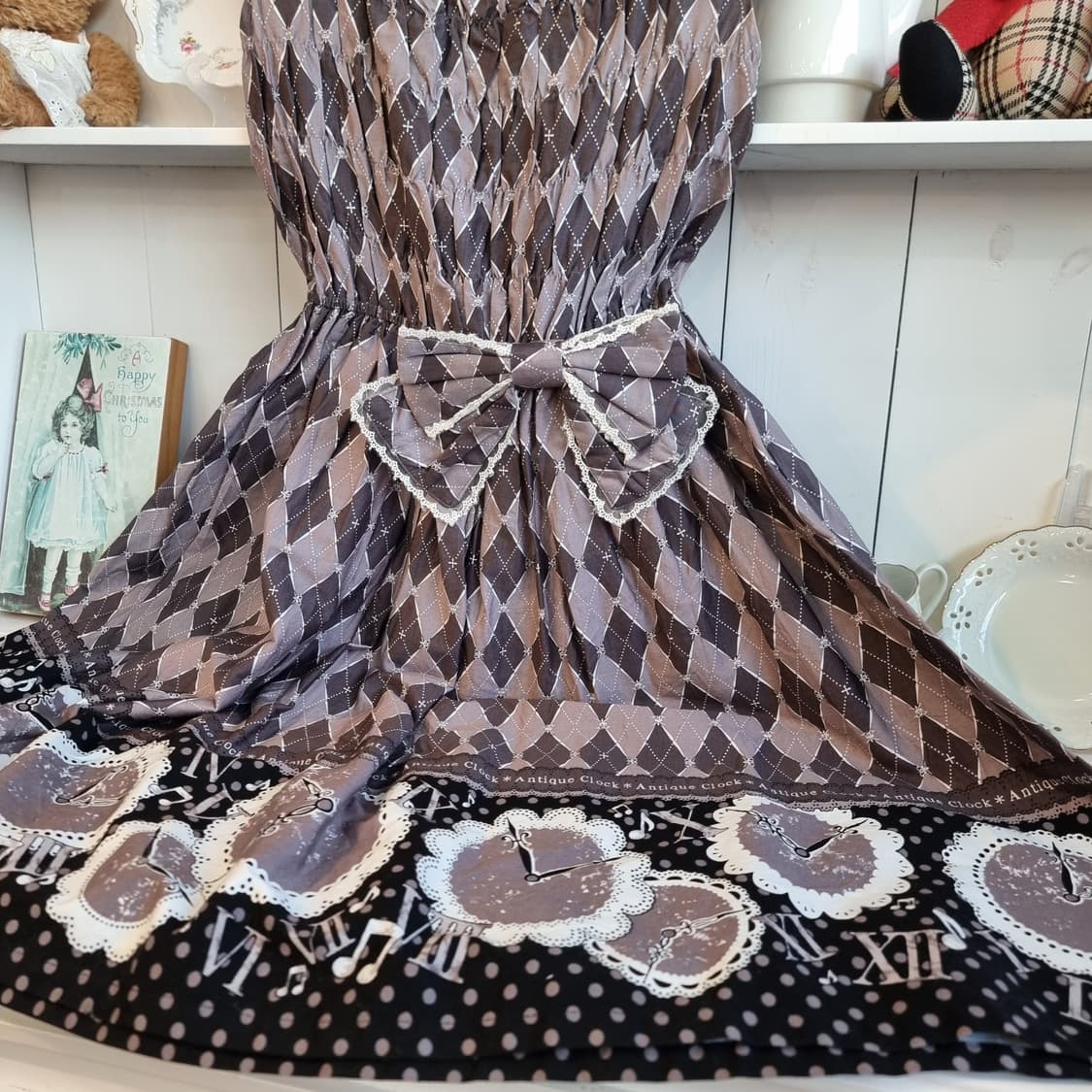 빈티지 다이아몬드 패턴 리본 원피스 상품이미지3