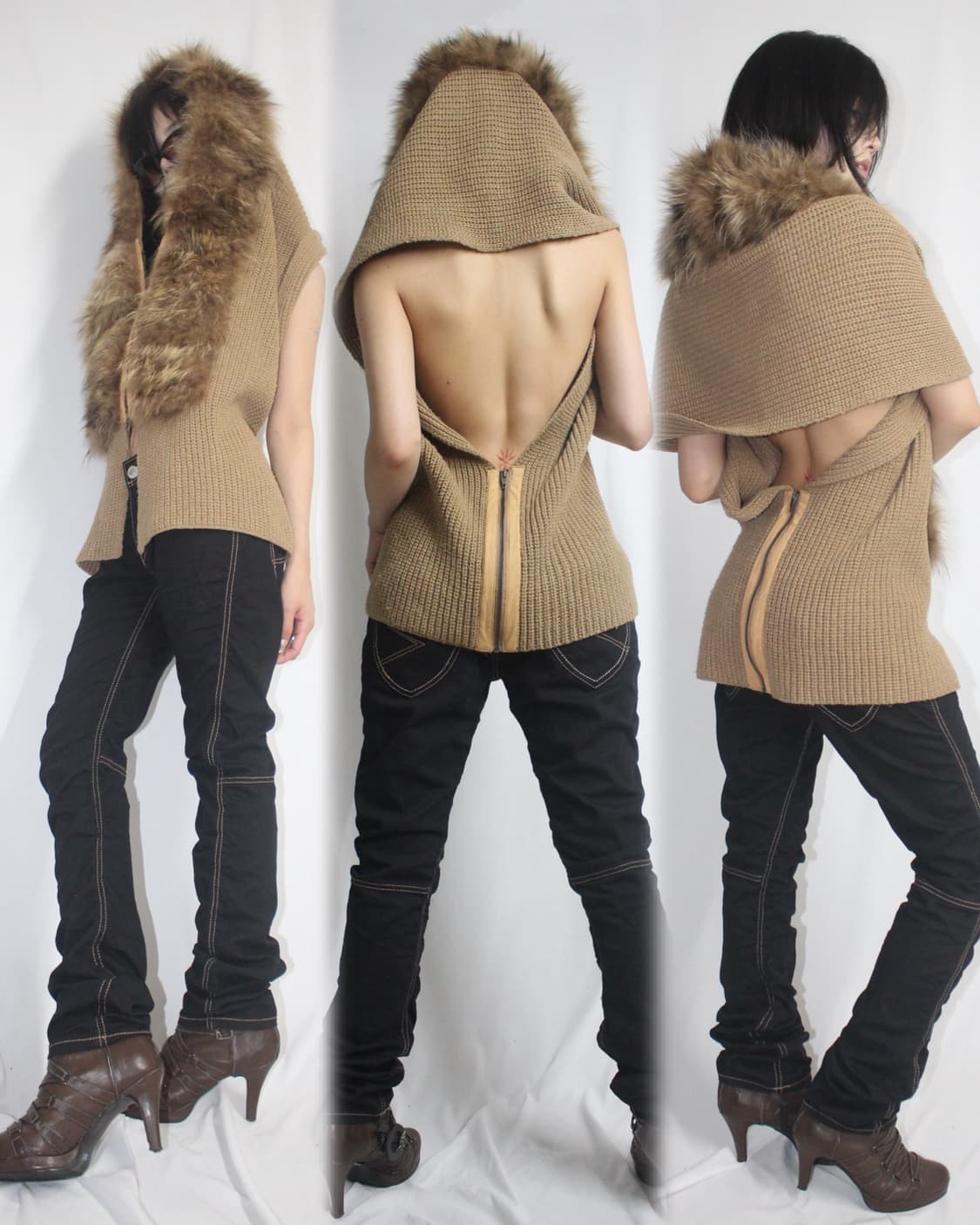 Yellow brown fur multi-way zip vest 상품이미지1