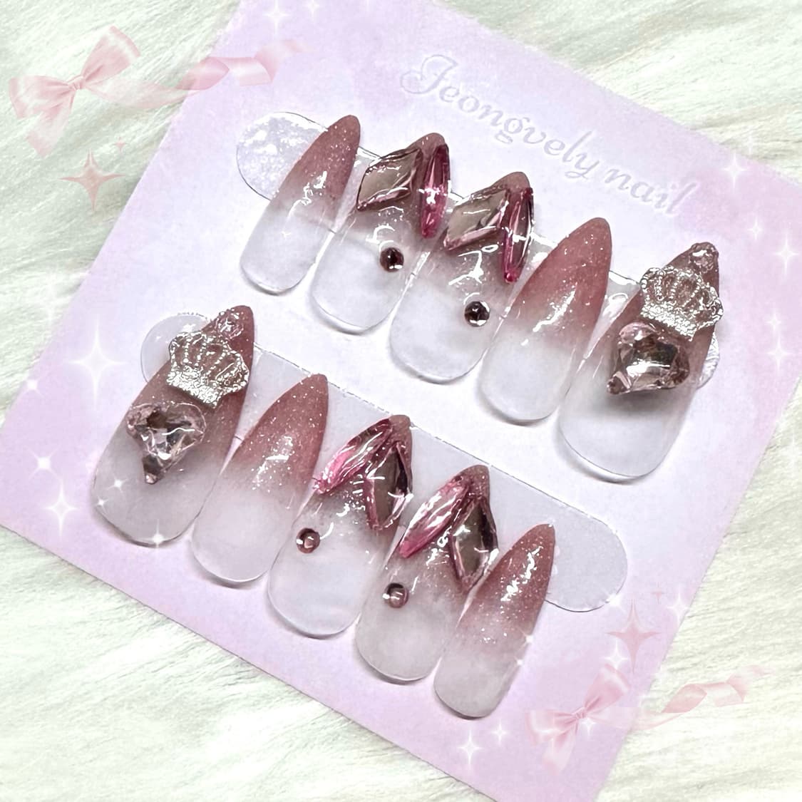 (여리+화려) 크라운 핑크 공주 수제네일팁 공주 여리 화려 글리터 네일 상품이미지1