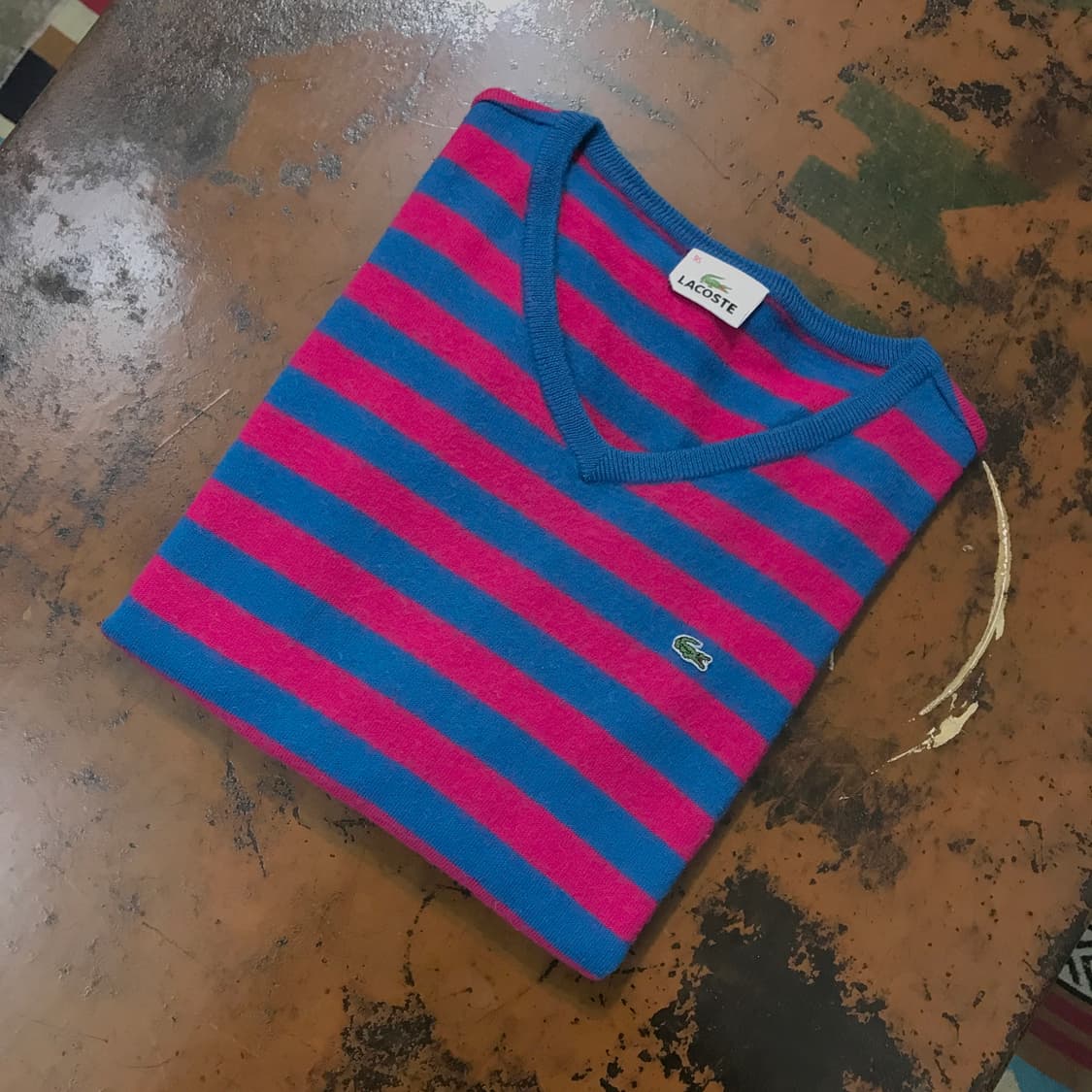 라코스테 핑크 블루 컬러링 단가라 울 브이넥 니트 여성 44 55 사이즈 상품이미지1