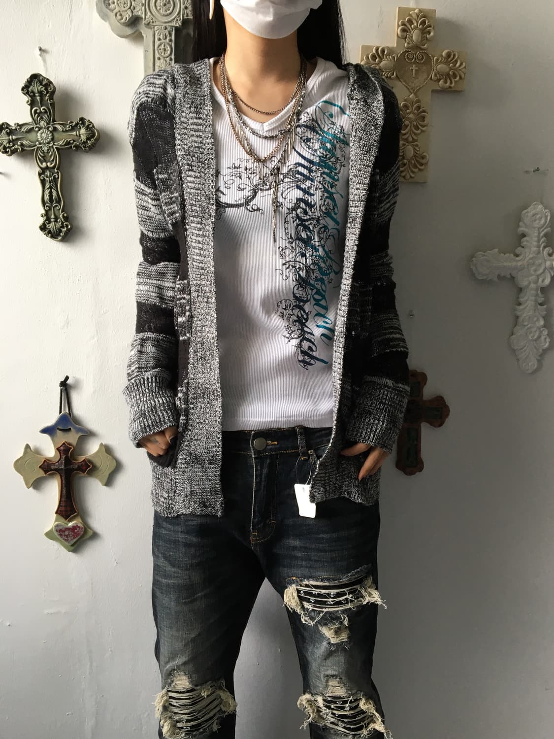 Tied stripe pattern hood cardigan 상품이미지9