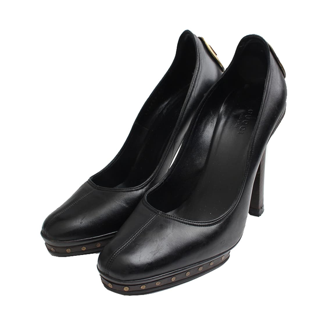 구찌 블랙 브론즈 로고 펌프스 37C 상품이미지1