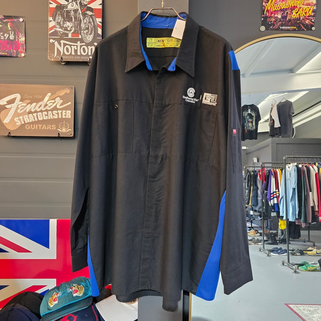 레드캡 워크셔츠 블랙 블루 컬러블록 자수 오버핏 상품이미지1