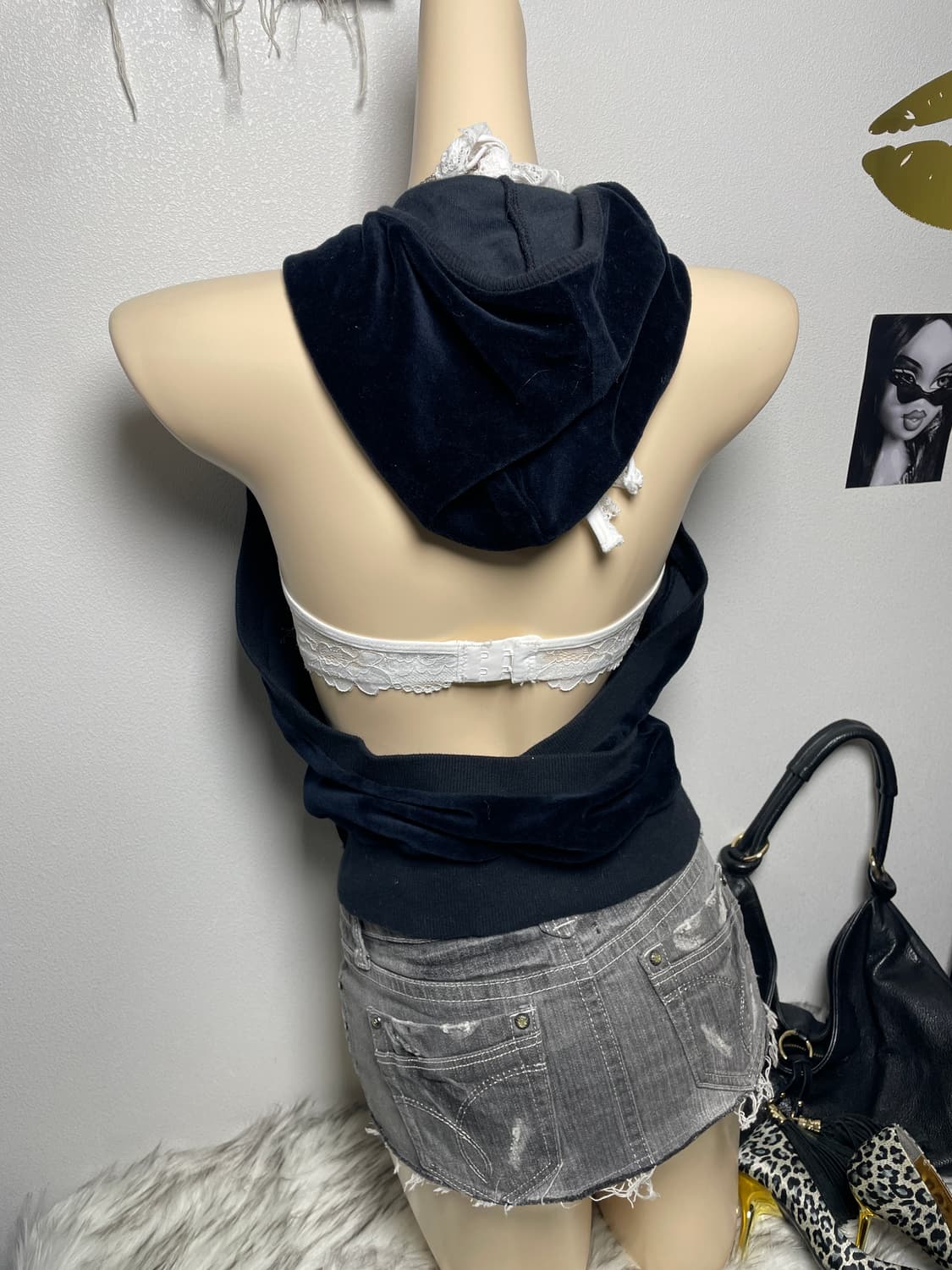 Rose fanfan 블랙 벨벳 나시 후드집업 상품이미지2