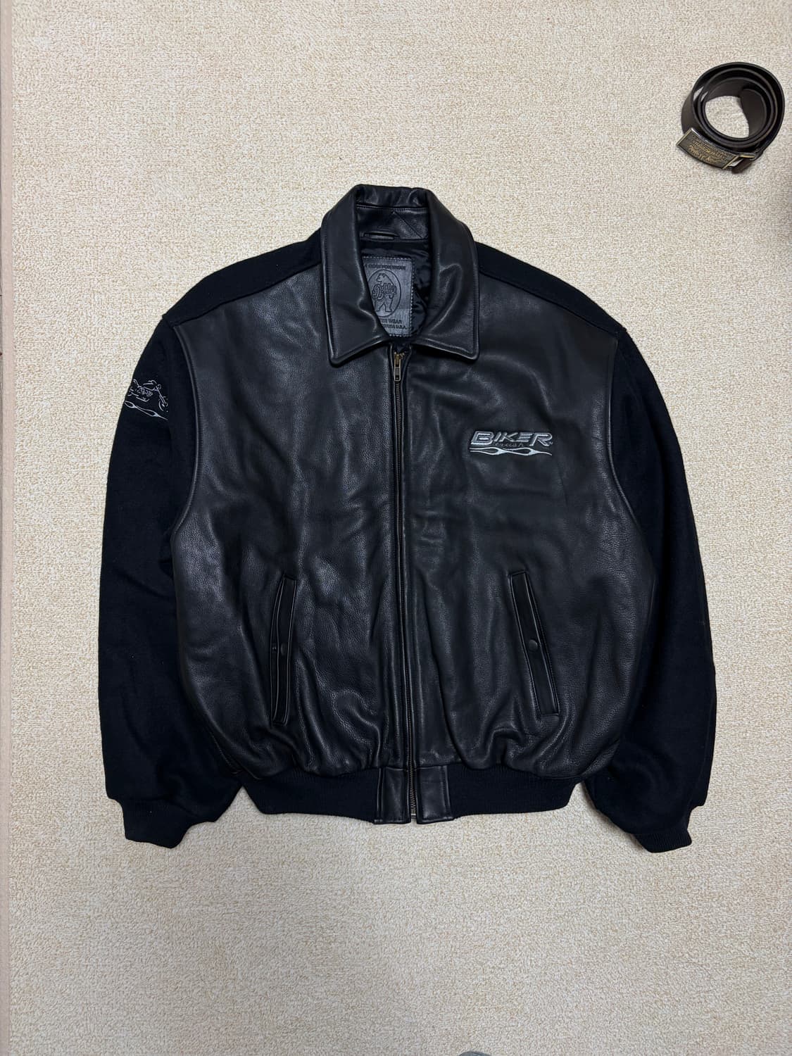 L) 90s 골든베어 x BIKER TRASH 레더쉘 바시티 자켓 상품이미지1