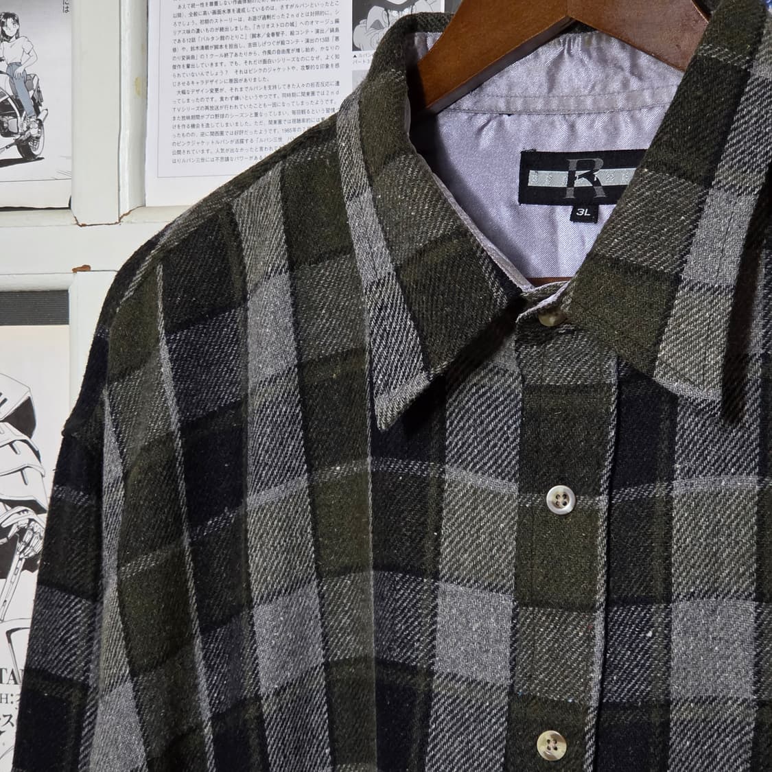 일본 빈티지 카키 그레이 아메카지 체크 셔츠 상품이미지3
