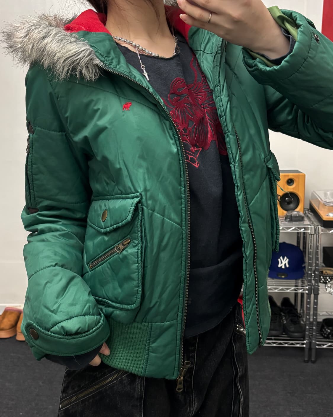 올드 빈티지 퍼 후드 경량 패딩 상품이미지1