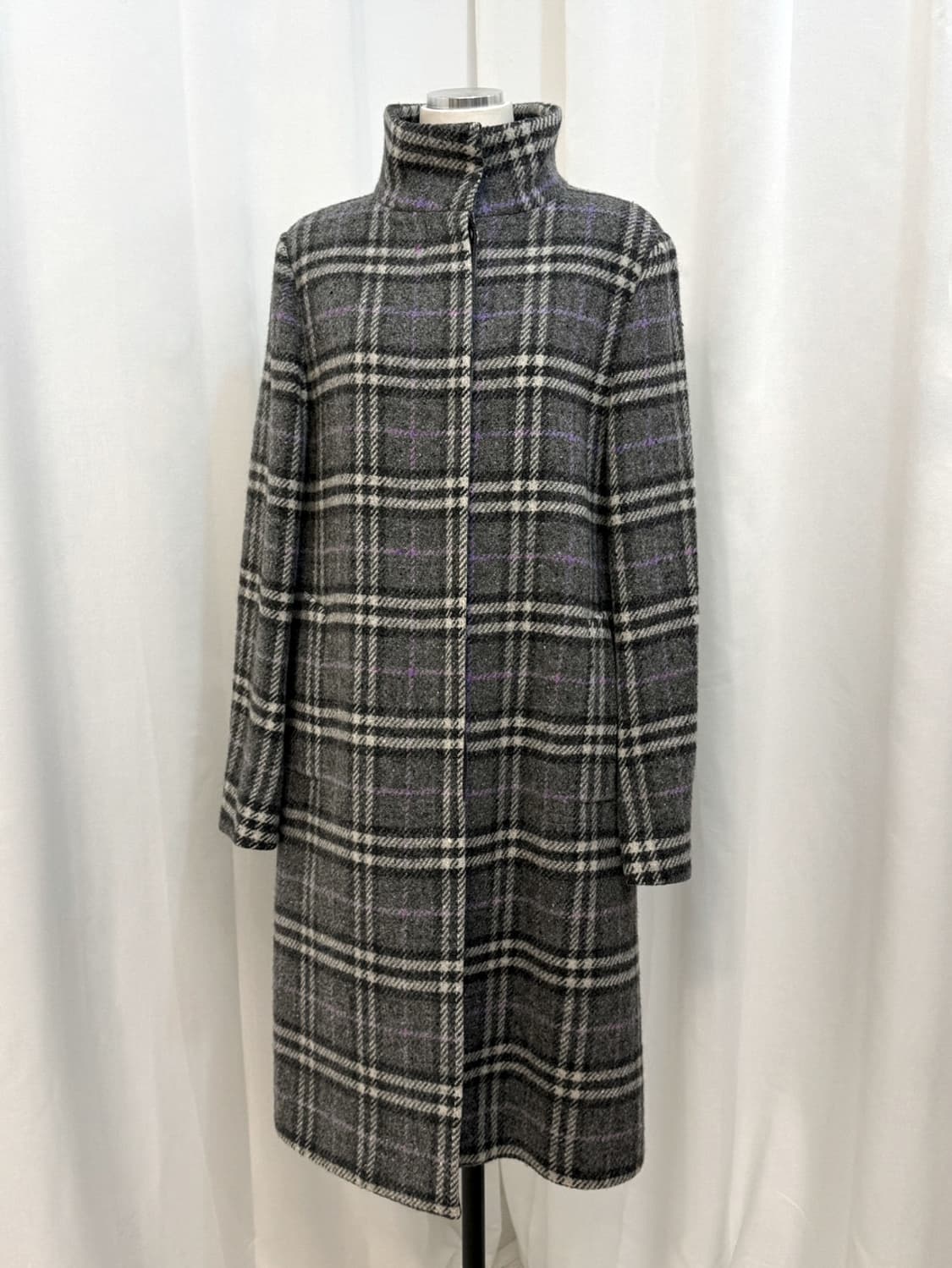 버버리 울 100% 그레이 노바체크 하이넥 롱 코트 상품이미지6