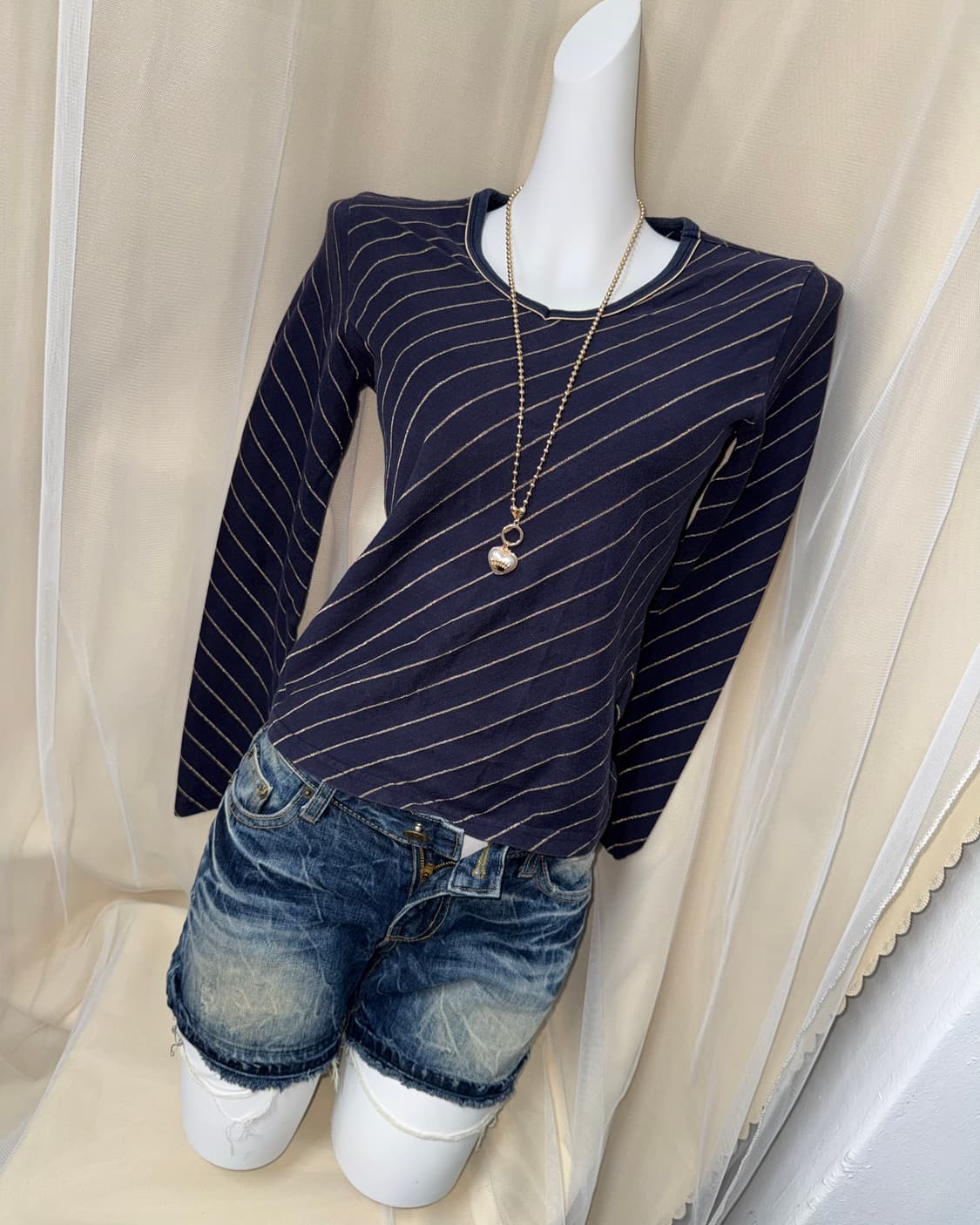 95 HEAD 스트라이프 골드 네이비 티셔츠 상품이미지1