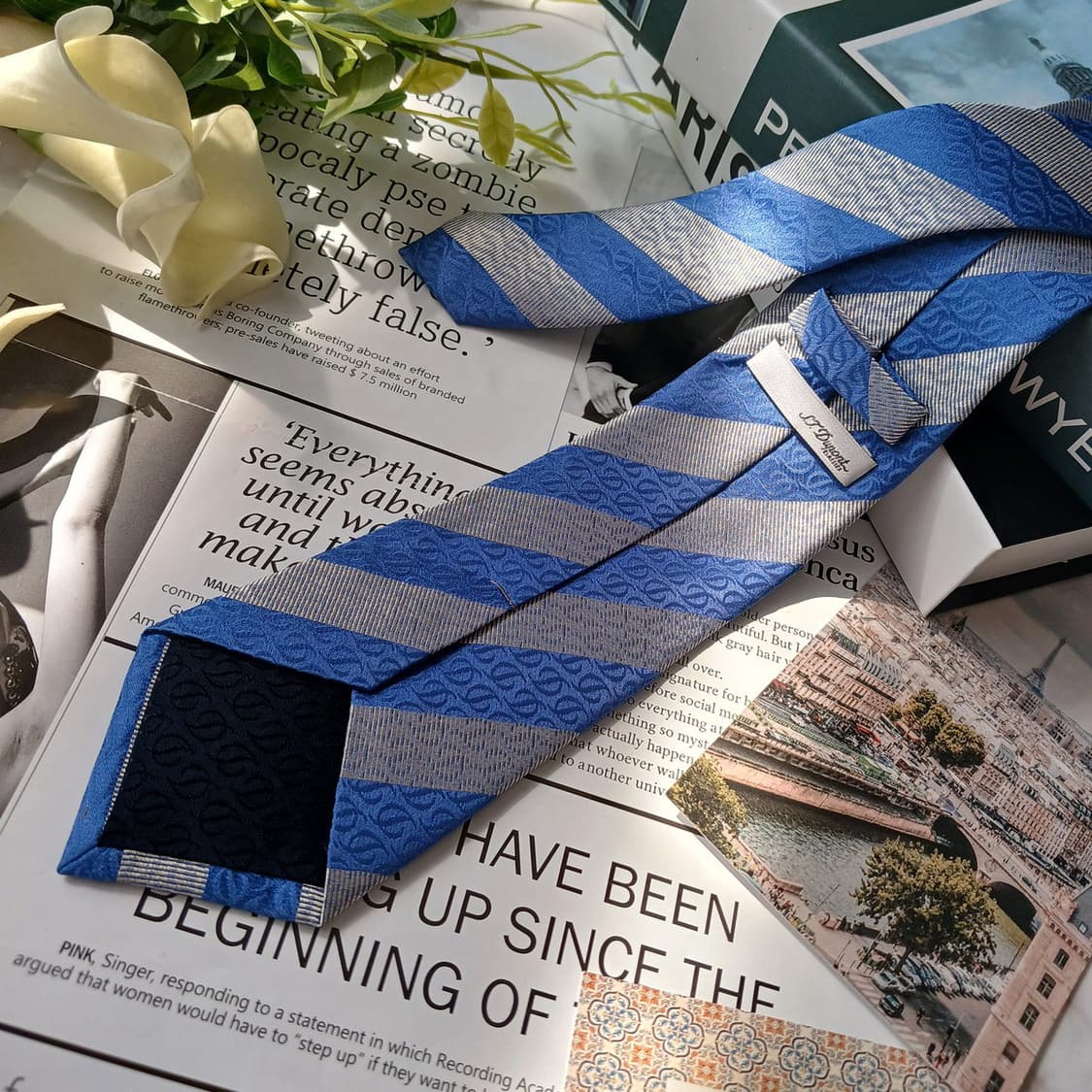 에스.티. 듀퐁 실크 블루 로고 패턴 넥타이 8cm S~A+등급 E823 상품이미지4